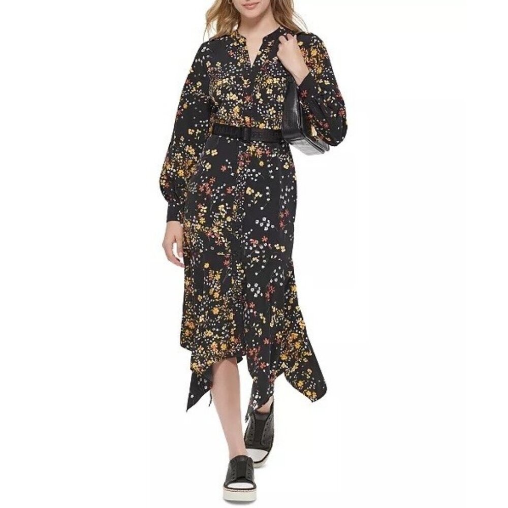Karl Lagerfeld Paris Black Floral Logo Belted Long Sleeve Midi Dress Size 8